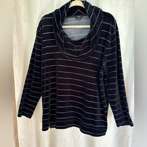 Talbots Luxe Black Plush Velvet Long Sleeve Cowl Neck Stripe Tunic Top